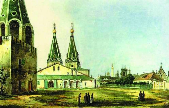 Свято–Алексеевский монастырь, на месте которого позднее и был построен храм Христа Спасителя. Картина Карла Рабуса, 1838 г
