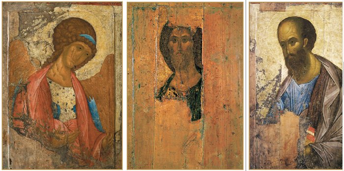 Звенигородский чин Андрея Рублева: Архангел Михаил, Спас, апостол Павел. 1408